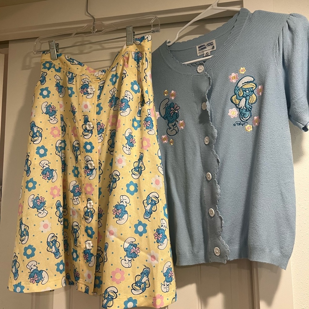 Blue Cardigan and Yellow Skirt Set with Cartoon Print